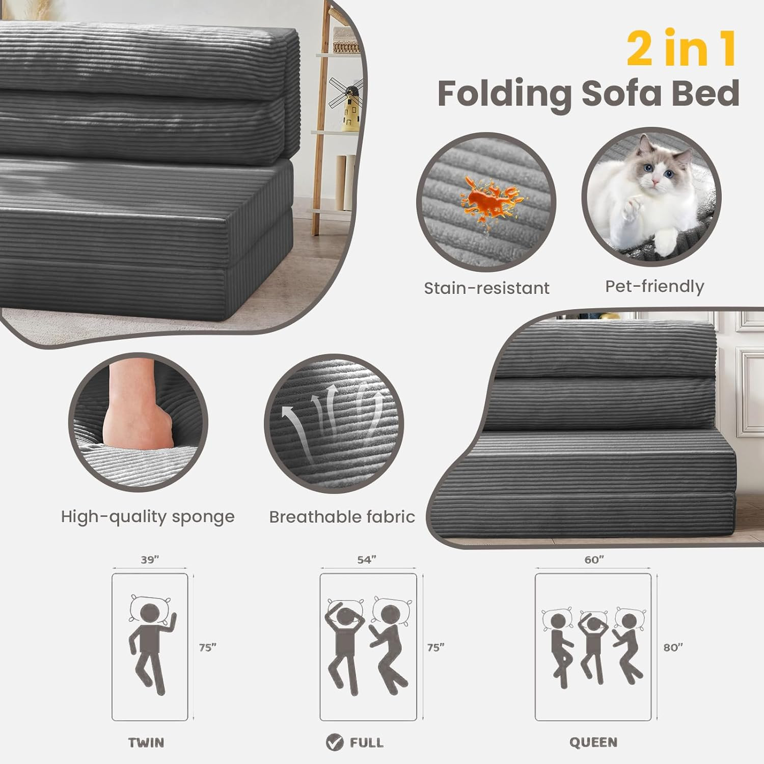 Convertible Folding Sofa Bed with Pillow – 2 in 1 Loveseat Chair (Grey)