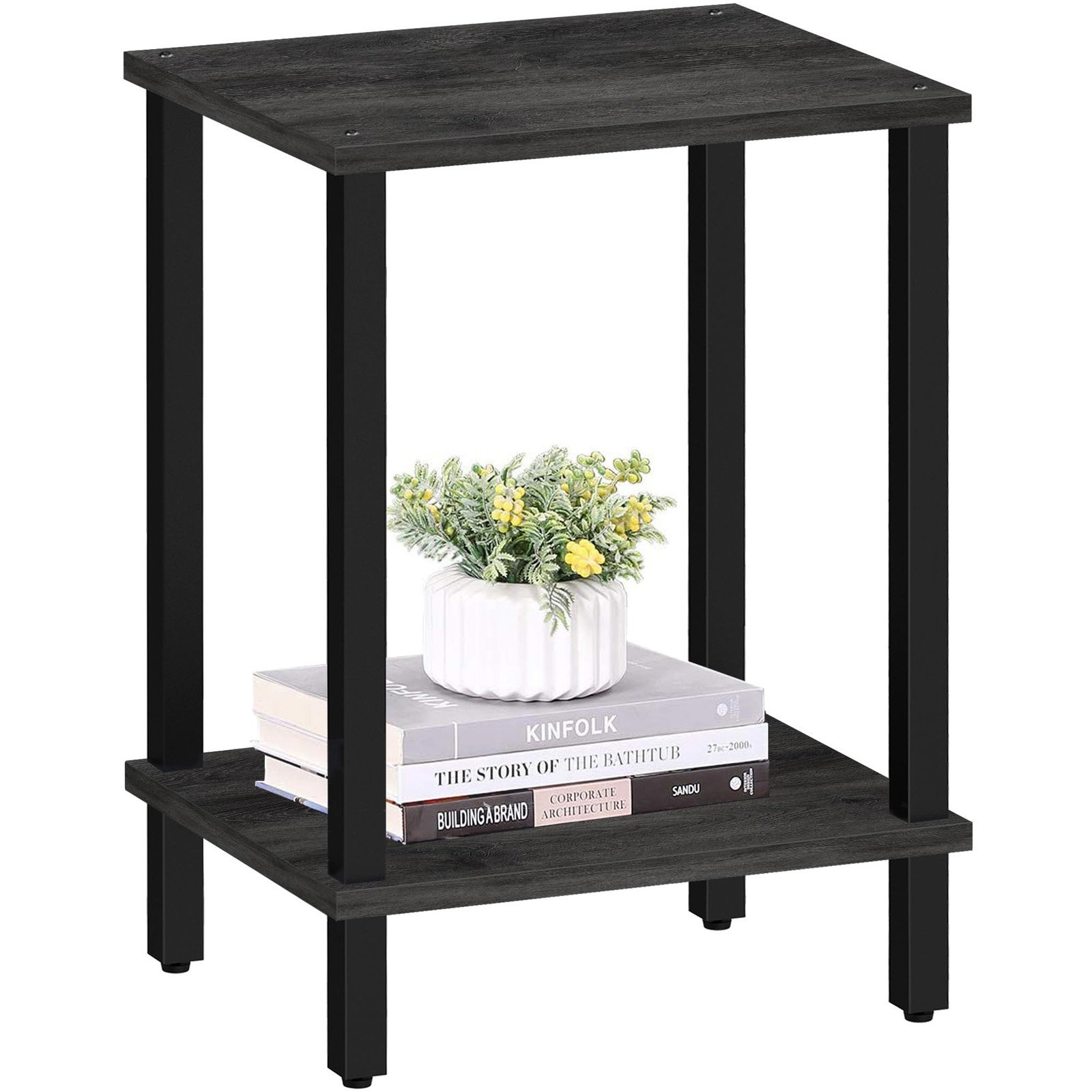 2-Tier End Table Nightstand with Storage Shelf Charcoal Grey for Small Space