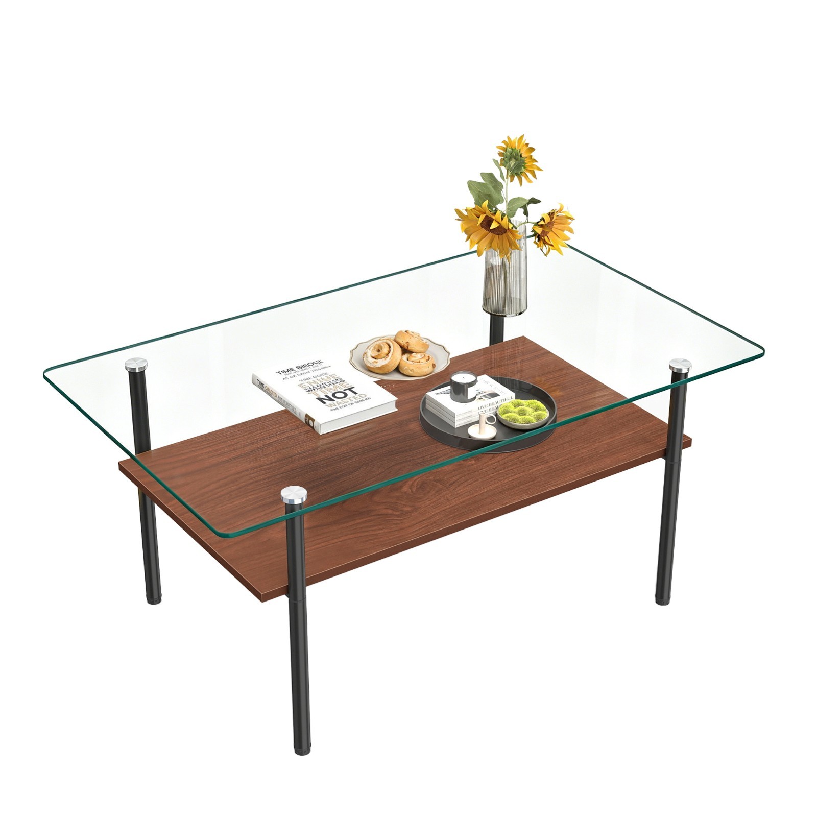 Rectangle Tempered Glass Coffee Table Center Table With Wooden Shelf Metal Legs