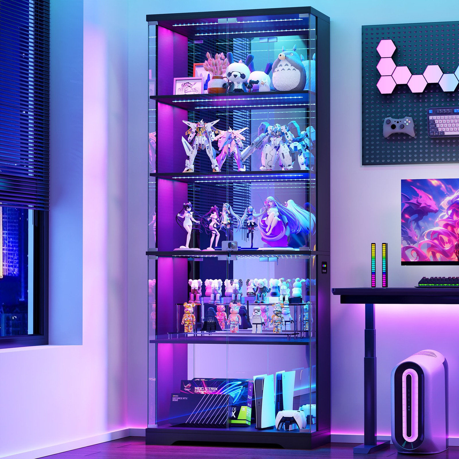 Glass Display Cabinet RGB LED 69″ 5-Tier Wooden Shelves Bookcase with Doors