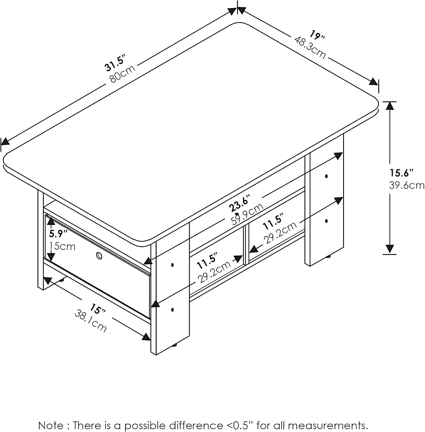 Stylish Rectangular Coffee Table with Open Shelf and Bin Storage – French Oak