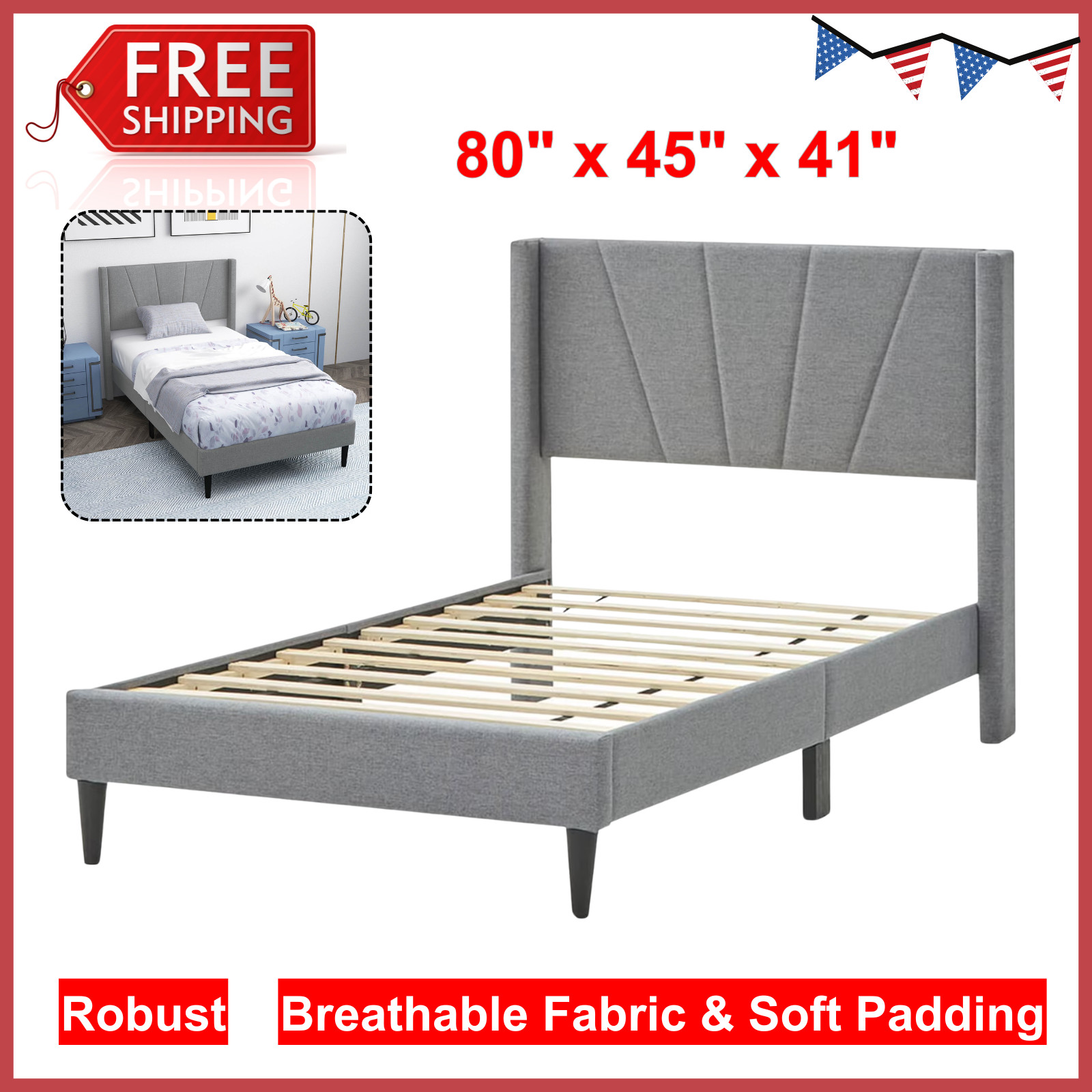 Twin Bed Frame Modern Platform Bed with Linen Upholstered Wingback Headboard