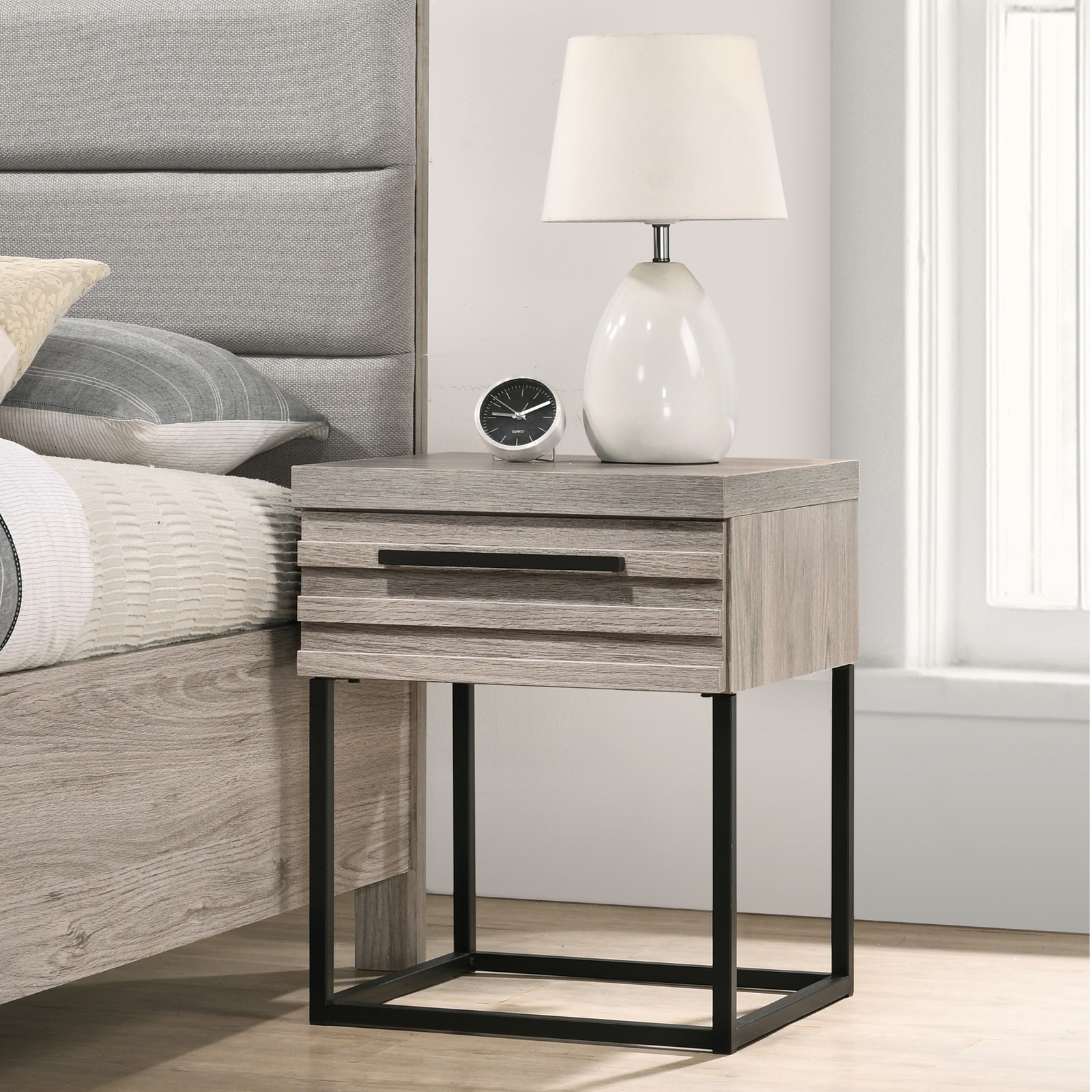 Contemporary Wood Nightstand with Metal Base, One Size, Nightstand ONLY,