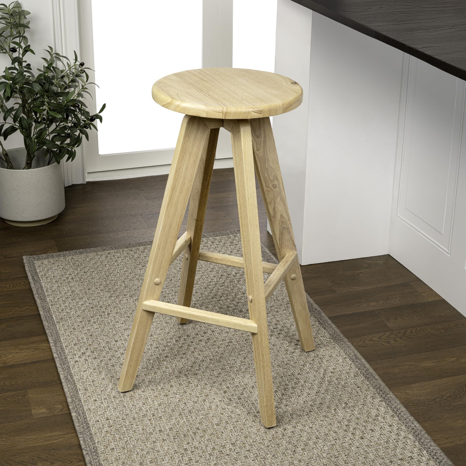 Ceren Solid Rubber Wood 30.5″ Backless Bar Stool, Modern Round Seat Wood Bars…