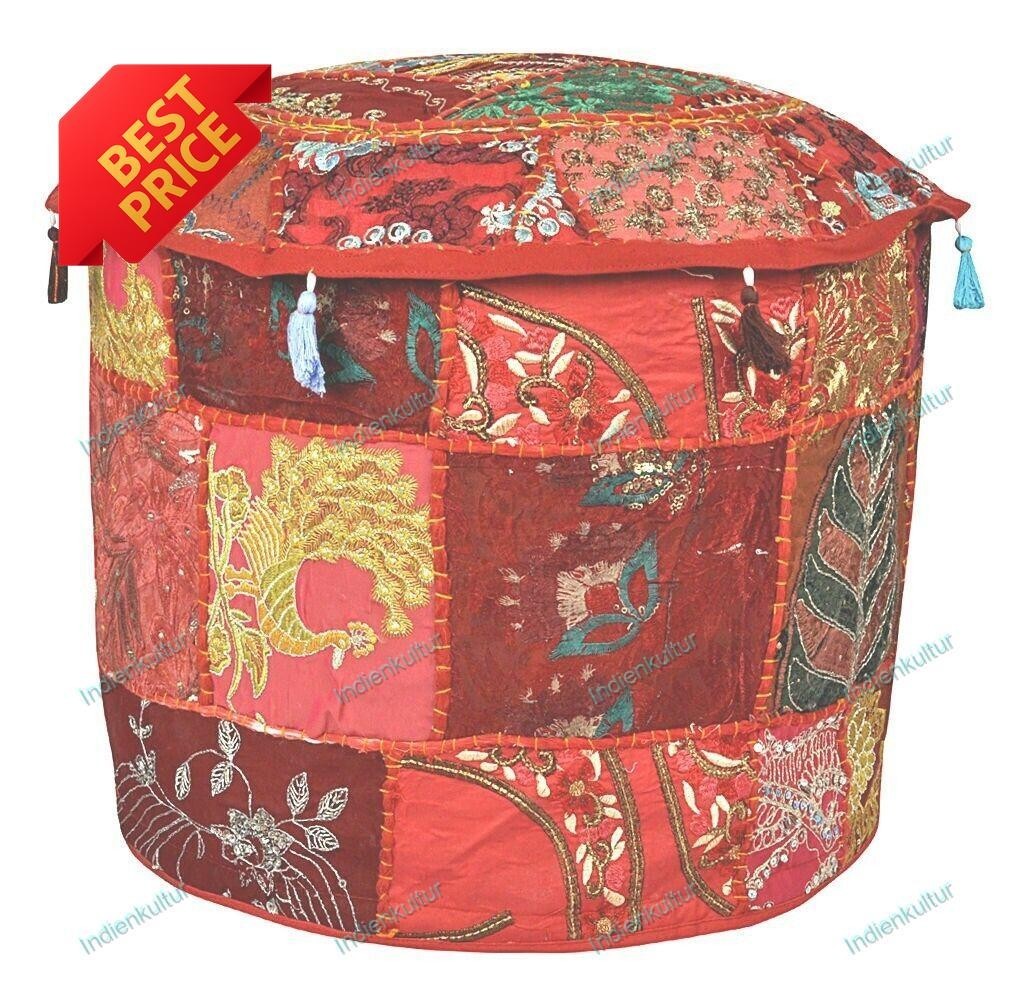 Embroidered Vintage Floral Ottoman Pouf Comfortable Cotton Footstool Decor