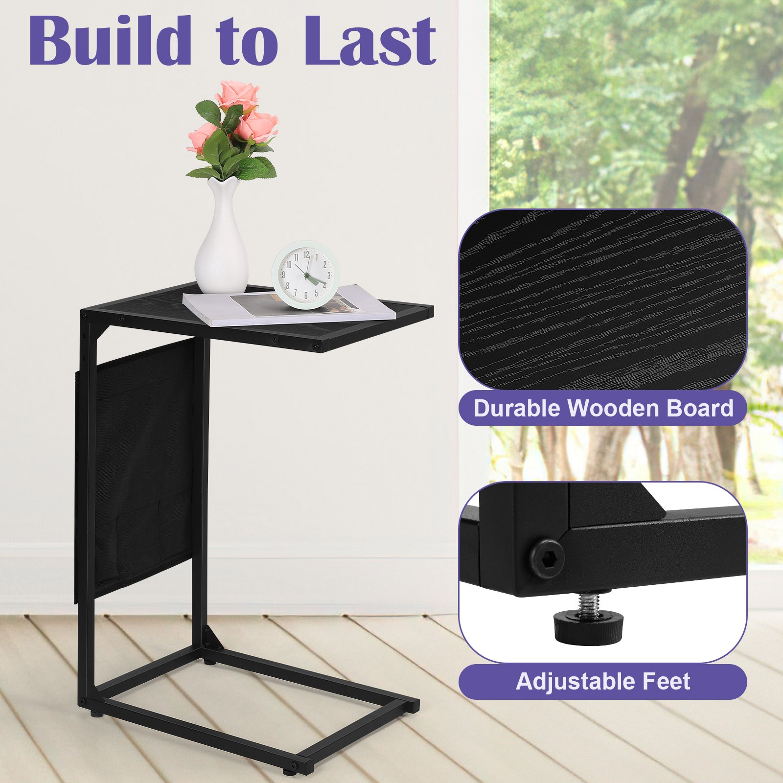 Set of 2 C Shaped End Table Side Table w/ Storage Bag for Couch Sofa Bedroom