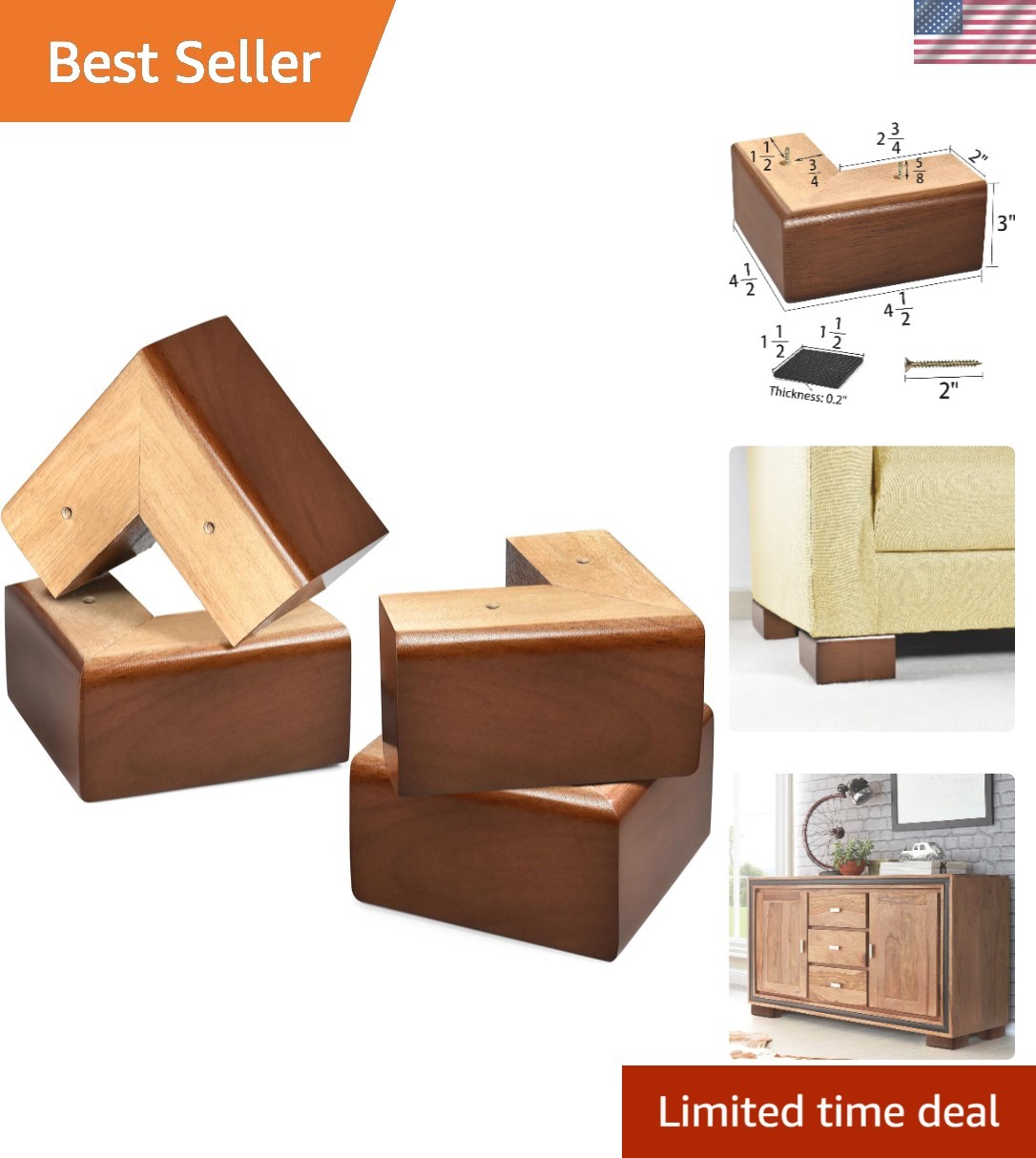 Solid Wood Legs for Furniture, L-Shaped Bed Risers, 3 inch Furniture Legs for…