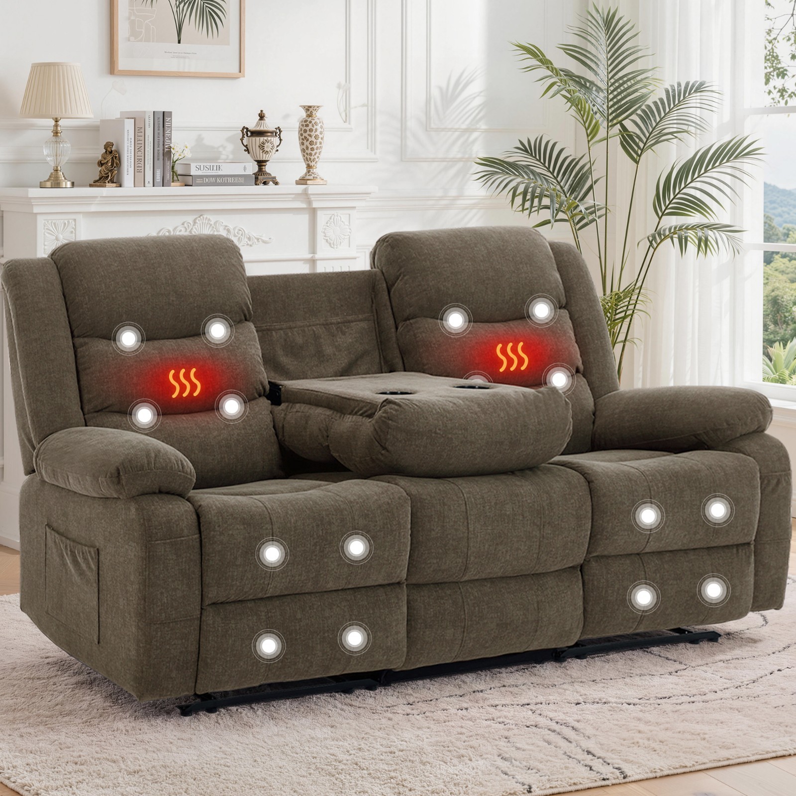 Korser 3 Seater Recliner Couch Massage Pull-Down Table & Recessed Power Strip