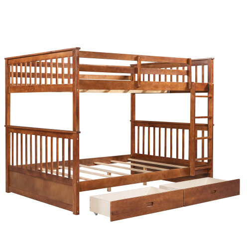 Full Over Full Bunk Bed W/ Storage Drawers Wood Platform Beds Bedroom Furniture
