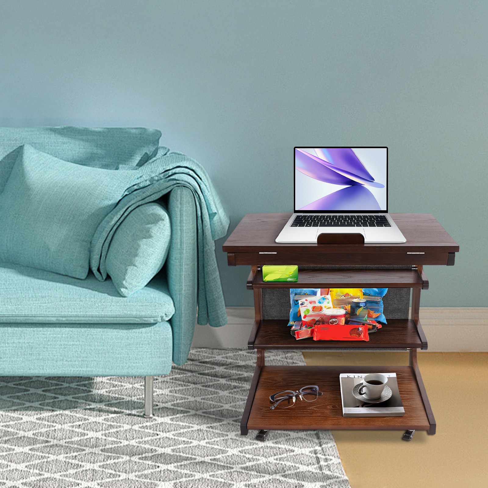 24.8 in 4-tier C-shaped Side Table, Rubberwood Side Table with Wheels Indoior