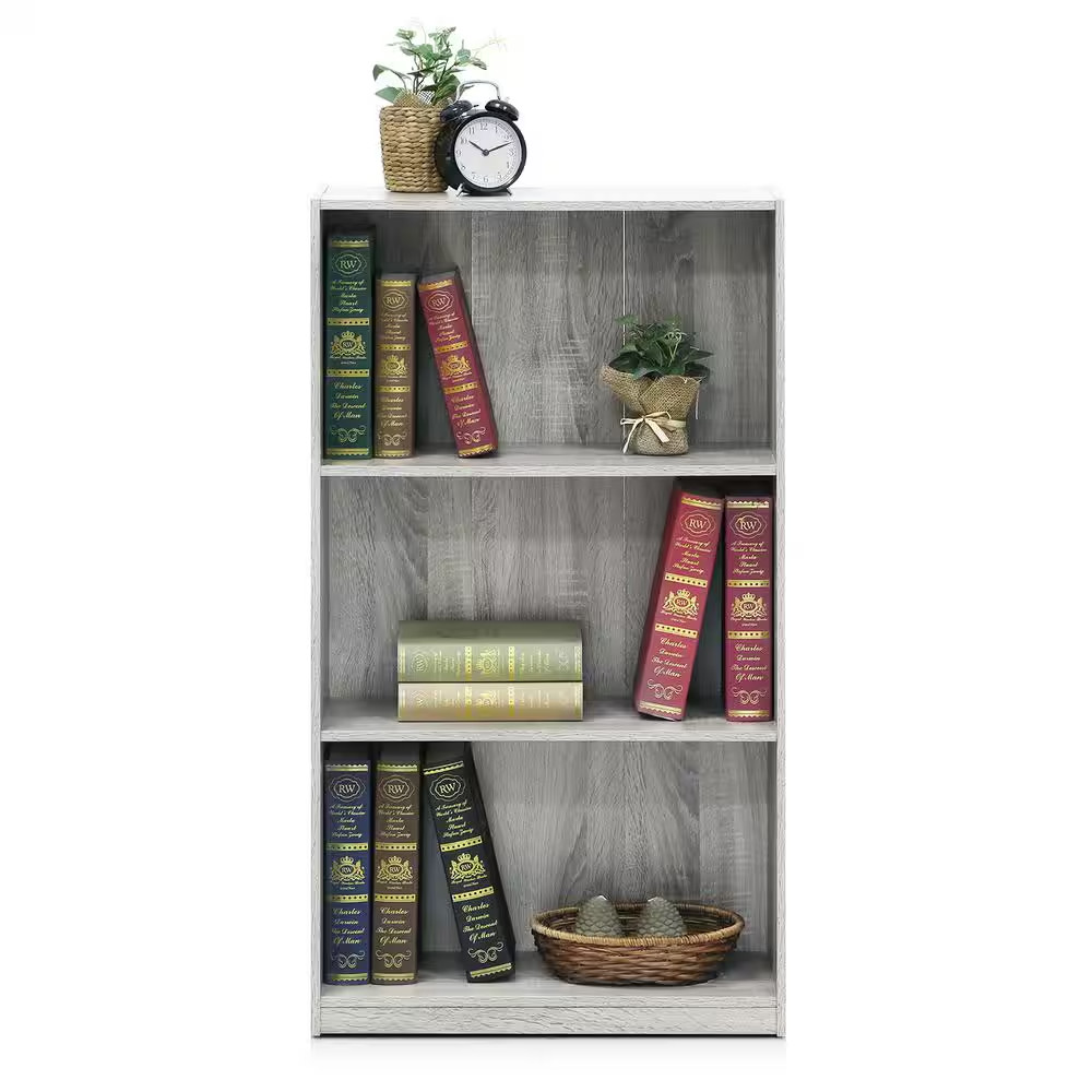 39.5 In. French Oak Gray Wood 3-Shelf Standard Bookcase with Storage