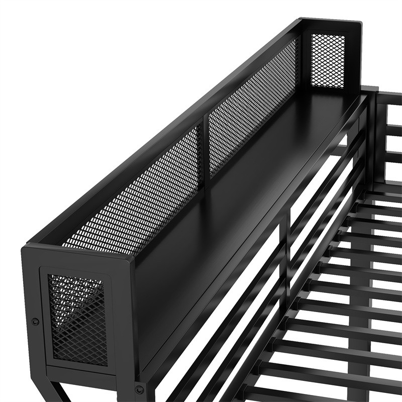 Queen Over Queen Metal Bunk Bed with Full-length Guardrail & Storage Shelf,Black