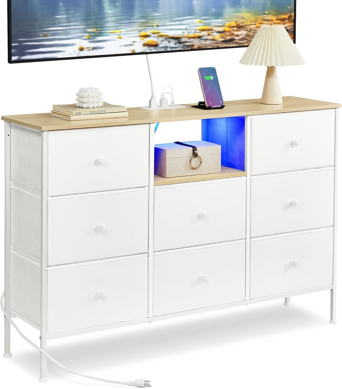 SONGMICS Dresser for Bedroom, Fabric Dresser with Power Outlets and LED Lights,