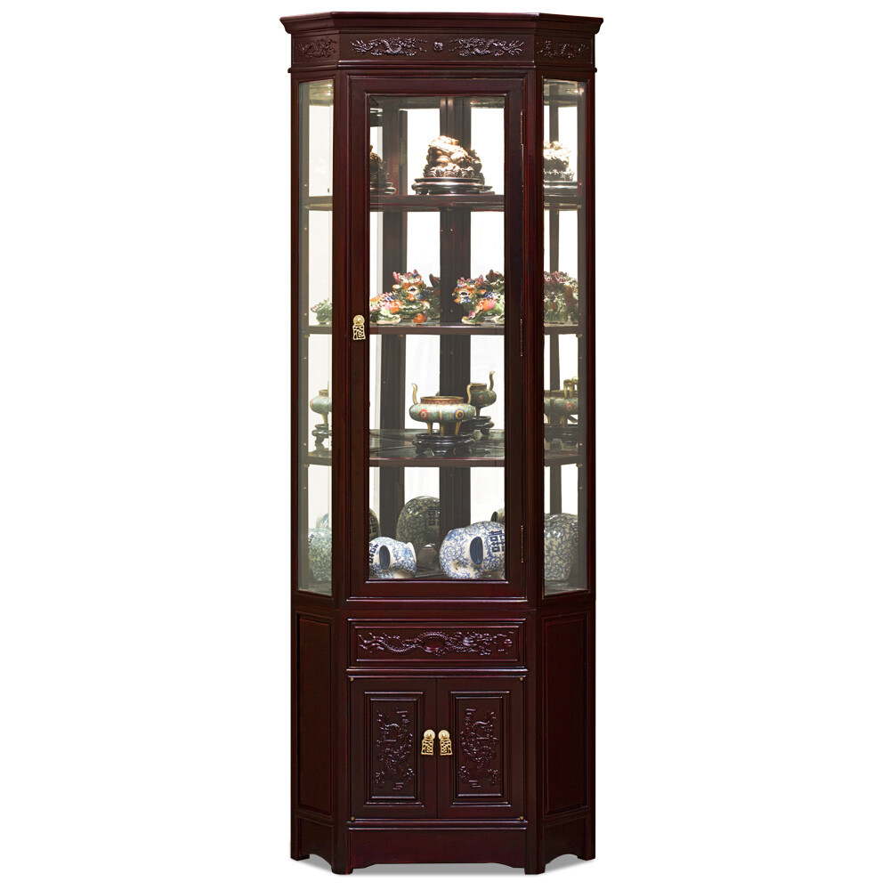 US SELLER – Dark Cherry Rosewood Dragon Oriental Corner Display Cabinet