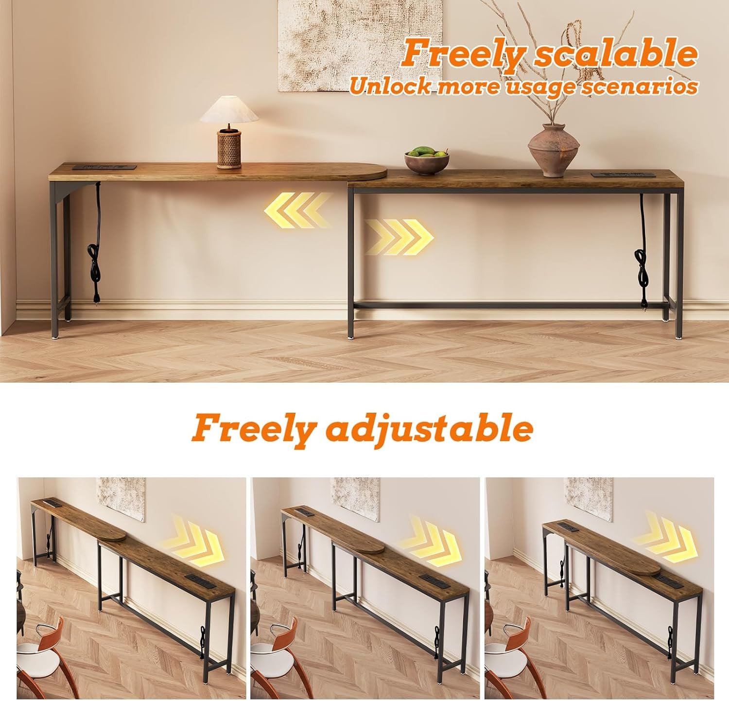 Adjustable Narrow Sofa Table with Outlets – Perfect Behind Couch Console