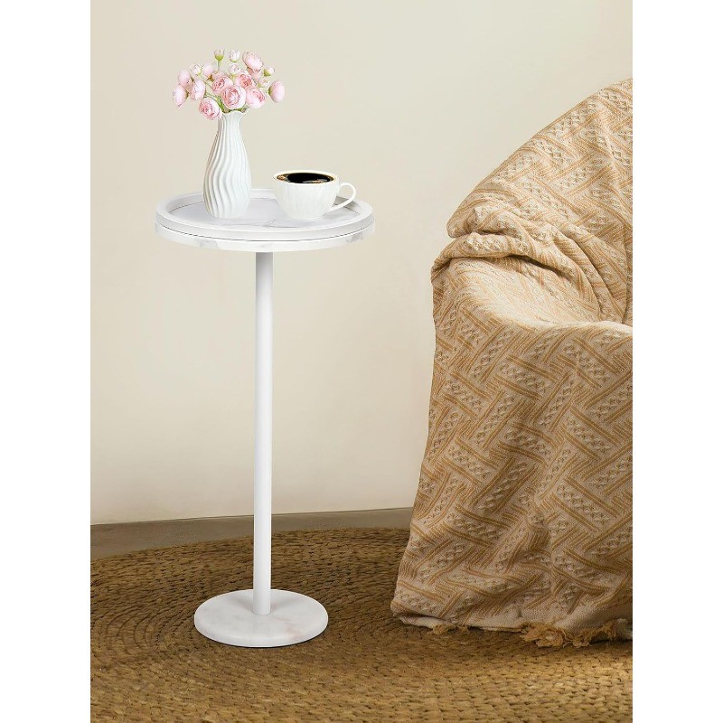 Small Round Side Table with White Marble Base,Modern Martini Pedestal Side Table