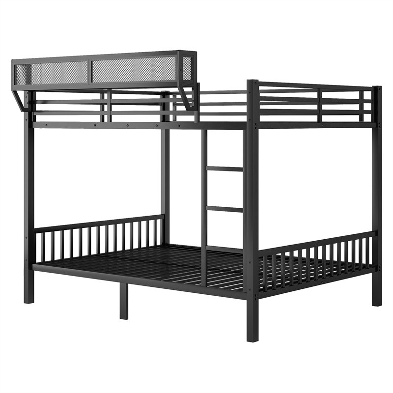 Queen Over Queen Metal Bunk Bed with Full-length Guardrail & Storage Shelf,Black