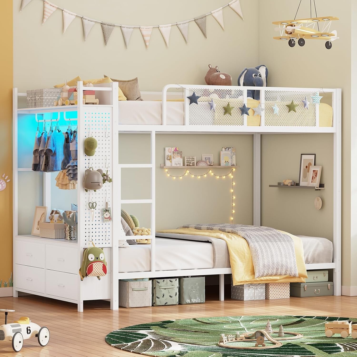 Metal Bunk Bed Twin Over Twin with Hall Tree, 4 Storage Drawers and LED Lights