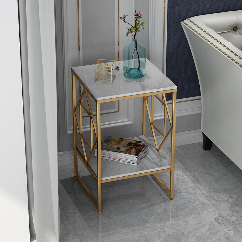 2 Tier 16″ Side Table Marble Square Accent Tea Coffee End Table Gold Metal Frame