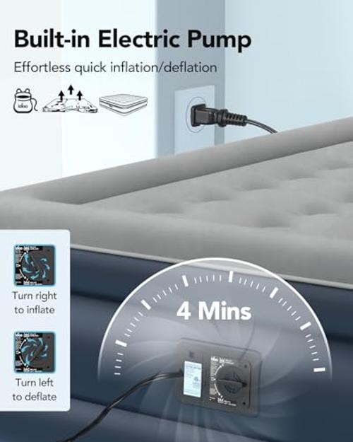Size Air Mattress with Built in Pump, 18″ Raised Comfort Blow up King Grey