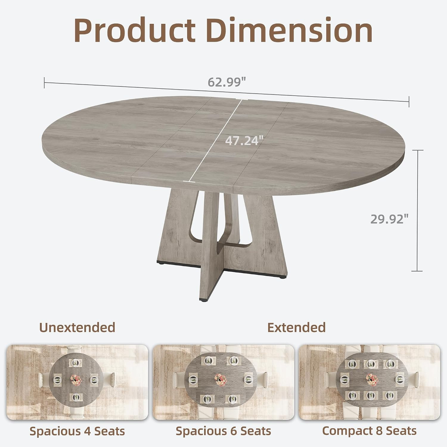 47″-63″ Extendable round Dining Table for 4-8 (Table Only) Gray | Oval Dinner Ta
