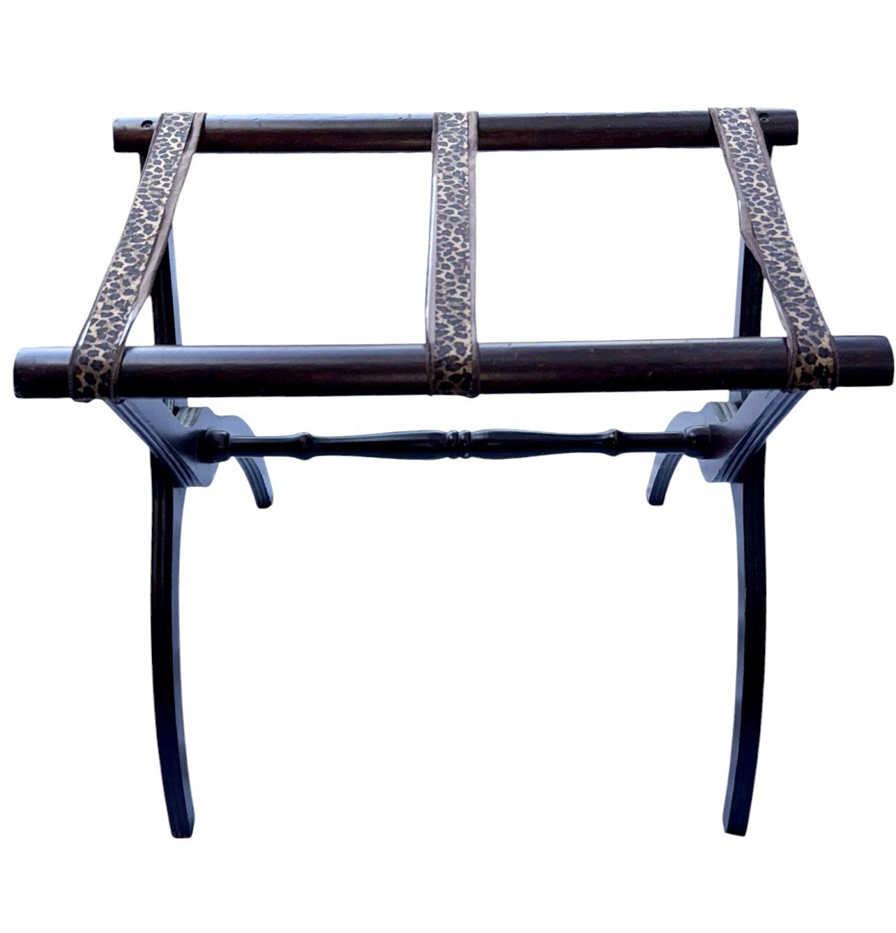Vintage Folding Wood Luggage Rack Leopard Print Straps Mahogany Guest Room Stand