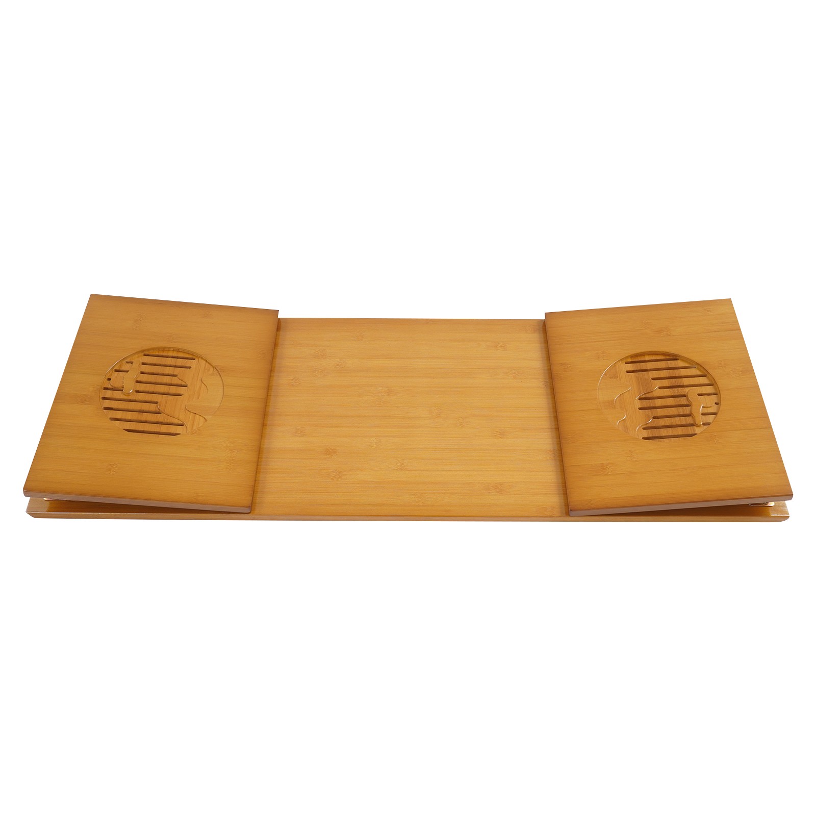 Tawny Foldable Bamboo Floor Table With Chinese Landscape Carving, No Assembly