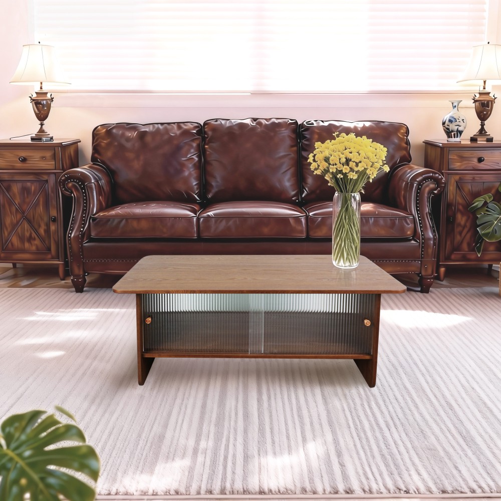 47 in rectangular modern coffee table with glass sliding door storage center