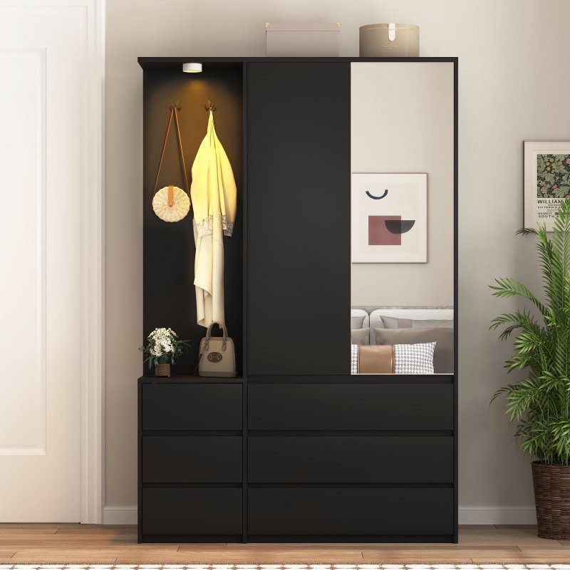Wardrobe Closet LED Lighting Cabinet W/ 2 Doors 6 Drawers Storage Shelves Mirror