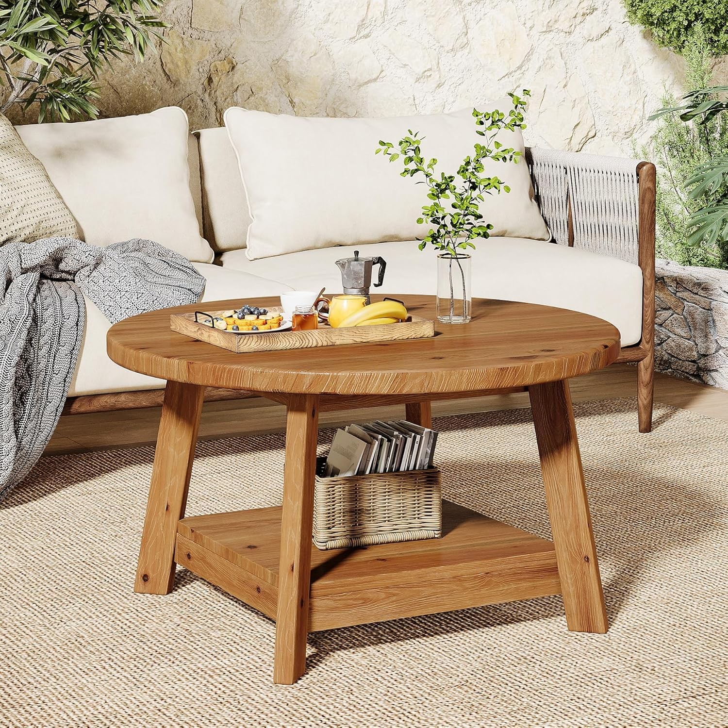 31.5 Inch Solid Wood Round Coffee Table, 2-Tier Farmhouse Circle Center Table