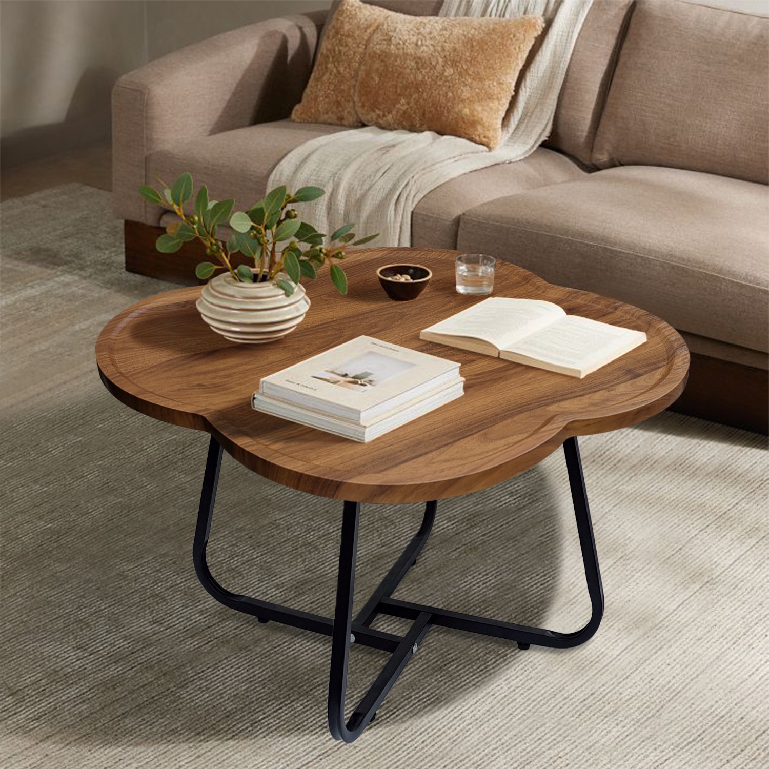 Modern Round Wooden Coffee Table Ashwood Decorative Top with X Metal Frame Legs