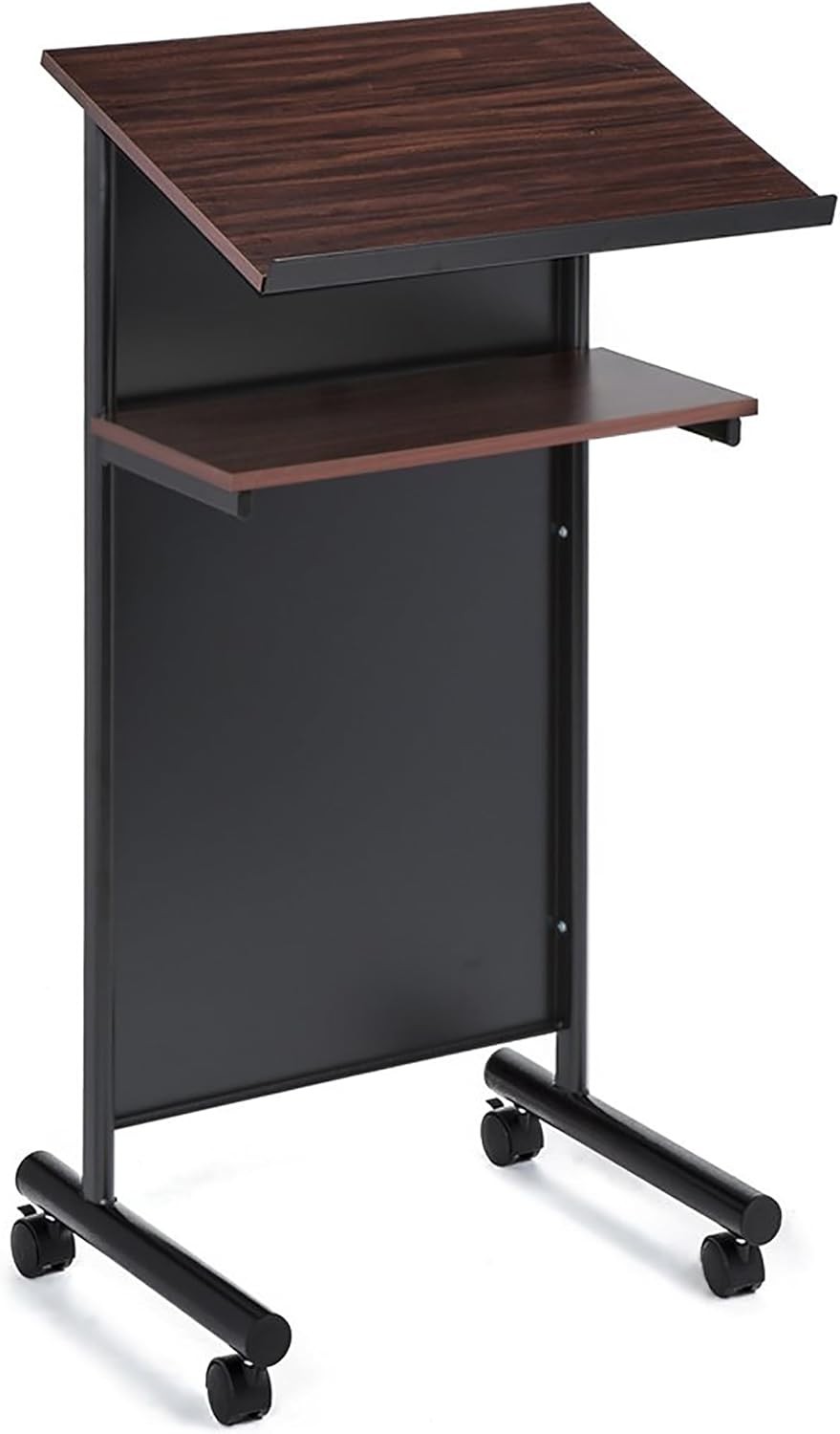 Wheeled Lectern Podium Standing Desk W/ Storage Shelf Cherry/Black Ideal
