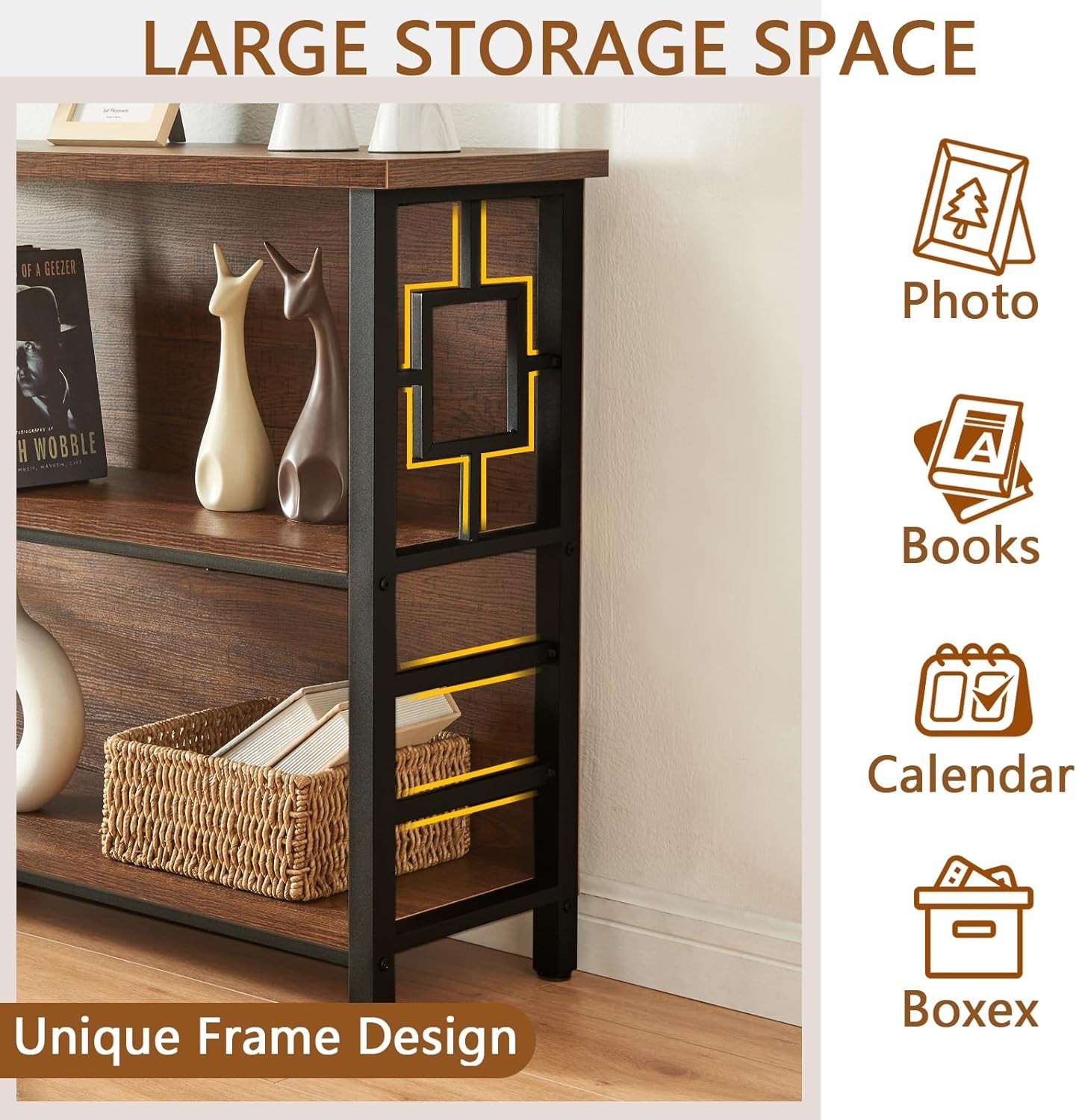 3 Tier Bookshelf Rustic Brown Engineered Wood Metal Storage Bookcase Low