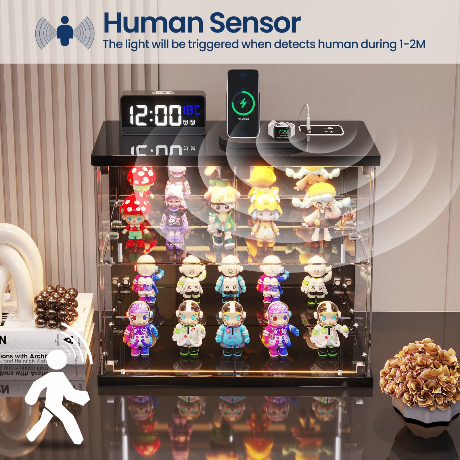 Glass Display Case with LED Lights & Human Sensor for Model Car, & Collectibles