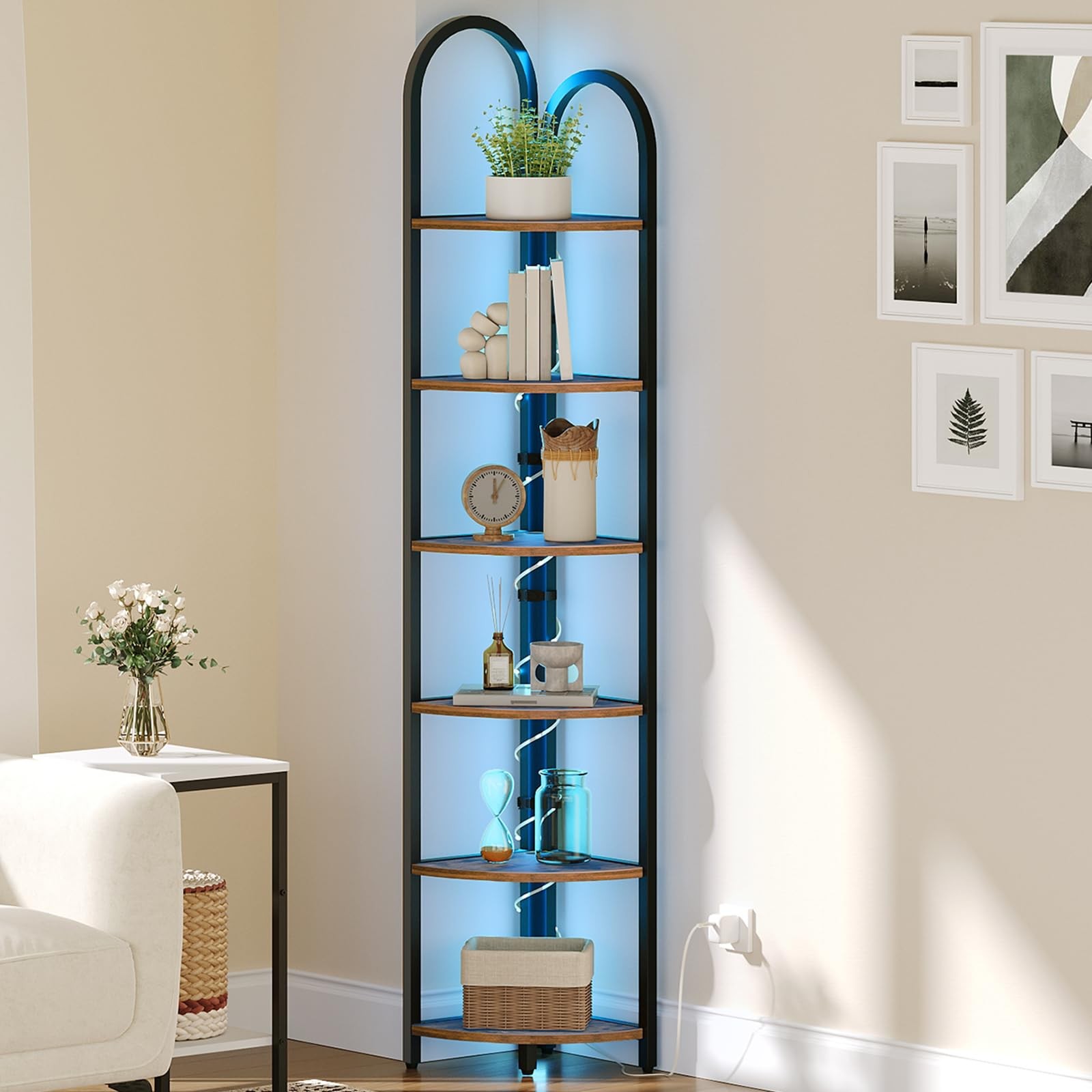 6 Tier Corner Shelf with LED Light, 74.6” Tall Corner Bookshelf Stand, Narro…