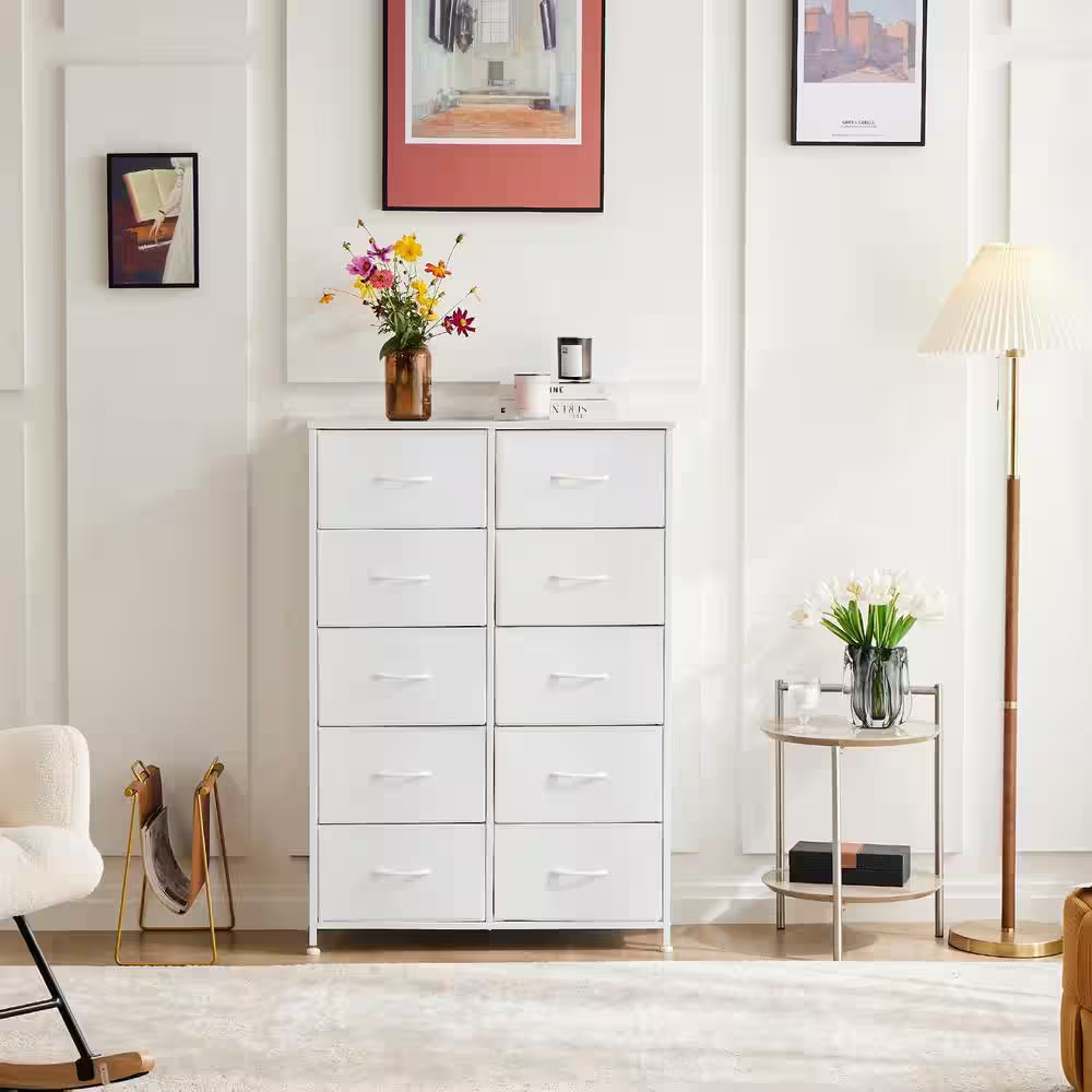 Stylish White 10-Drawer 11.8 In. Wide Chest of Drawers for Bedroom, Tall Chest O