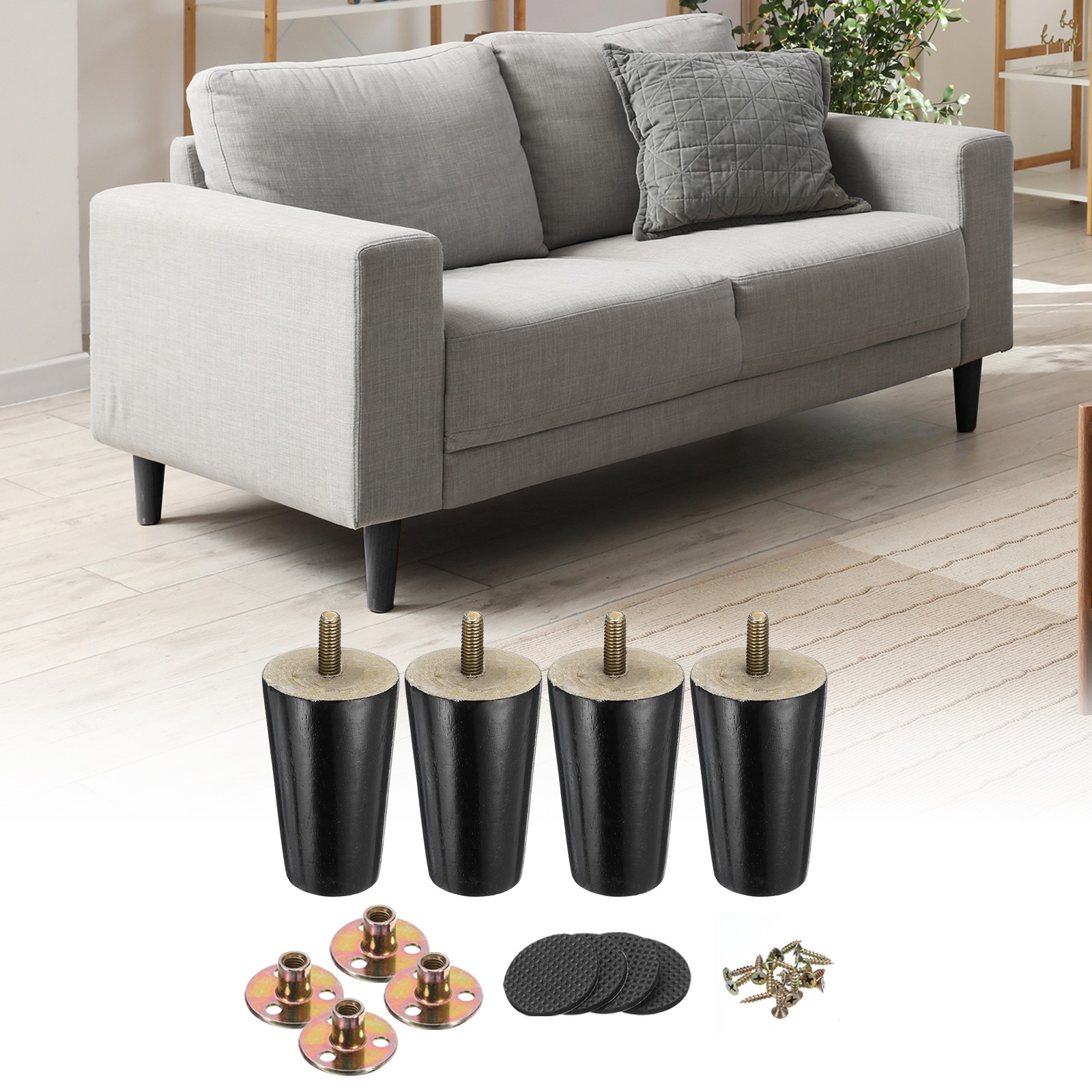 4 Pack Furniture Legs, 3 Inch Round Wood Legs, Black