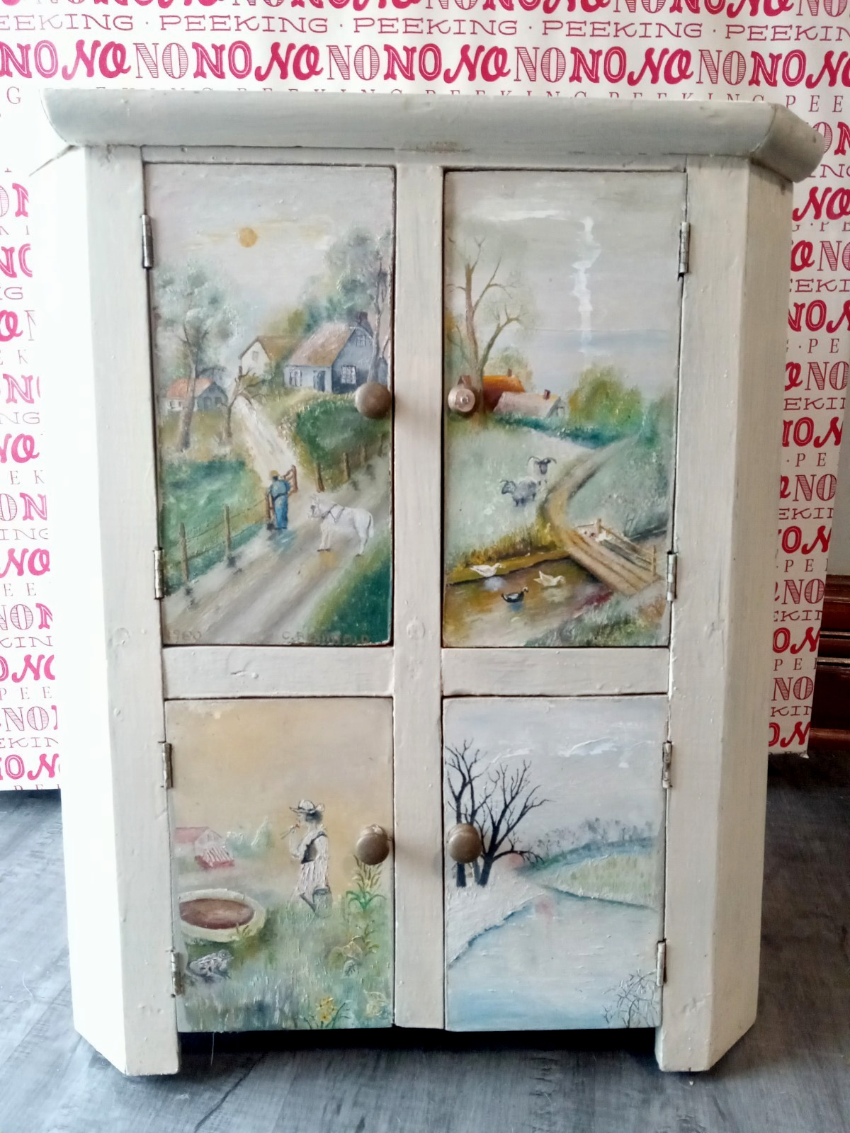 1960 C. Reinhold Hand-Painted Rustic Wood 21″ Corner Hanging Cabinet OOAK