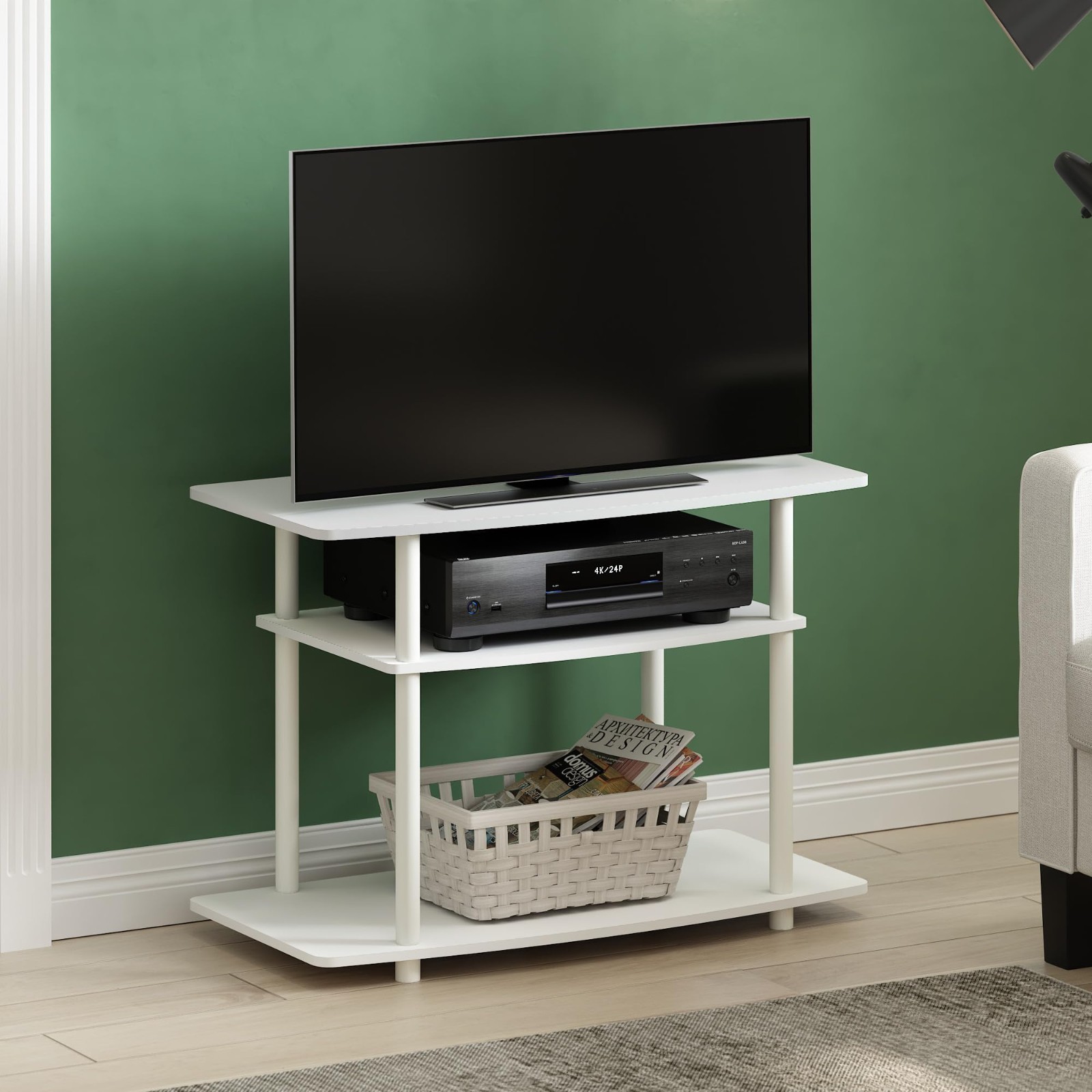 3-Tier No Tools TV Stand Entertainment Center for TVs up to 32″ – White Console