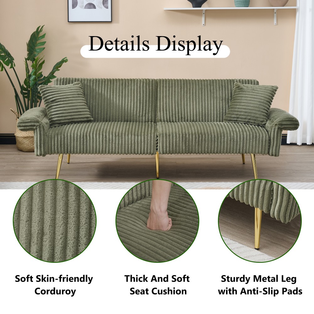79″ Corduroy Sofa Bed Sleeper Foldable Double W/ Adjustable Armrests Living Room