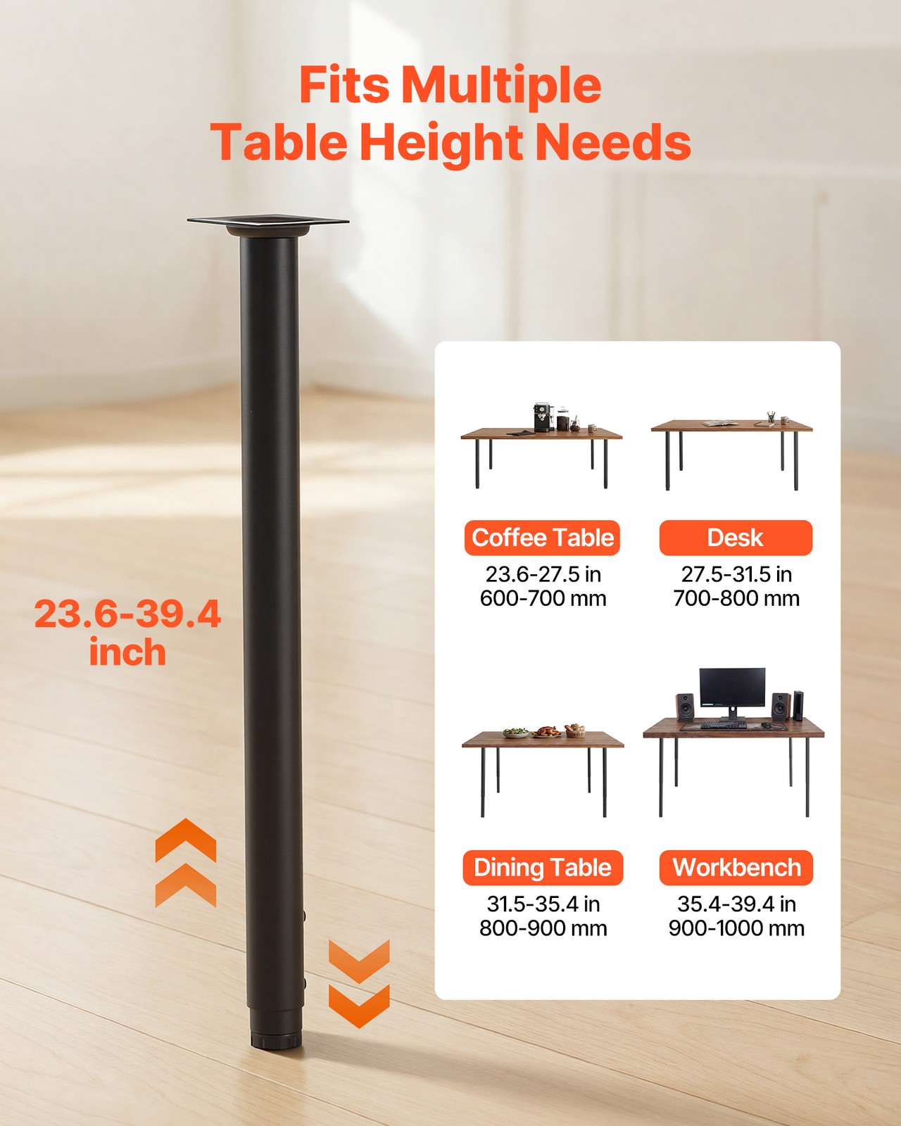 VEVOR Adjustable Round Steel Table Legs 24-40 in 1200 lbs Heavy Duty Set of 4