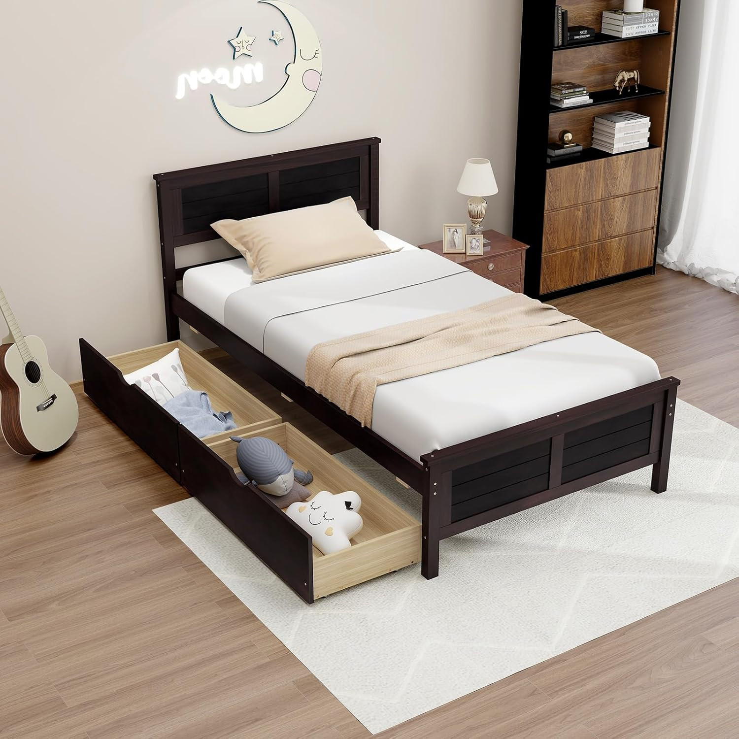 Espresso Twin Bed Frame with Storage Drawers, Solid Wood Platform for All Ages