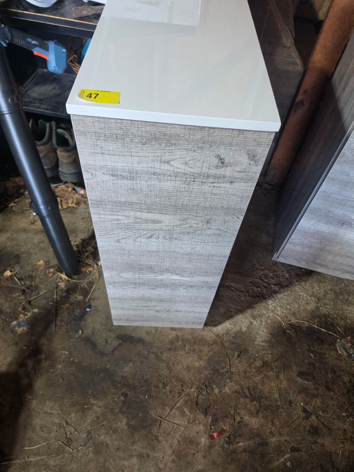 Gray Wood Grain Freestanding Storage Cabinet, White Top, 1 Door 1 Shelf