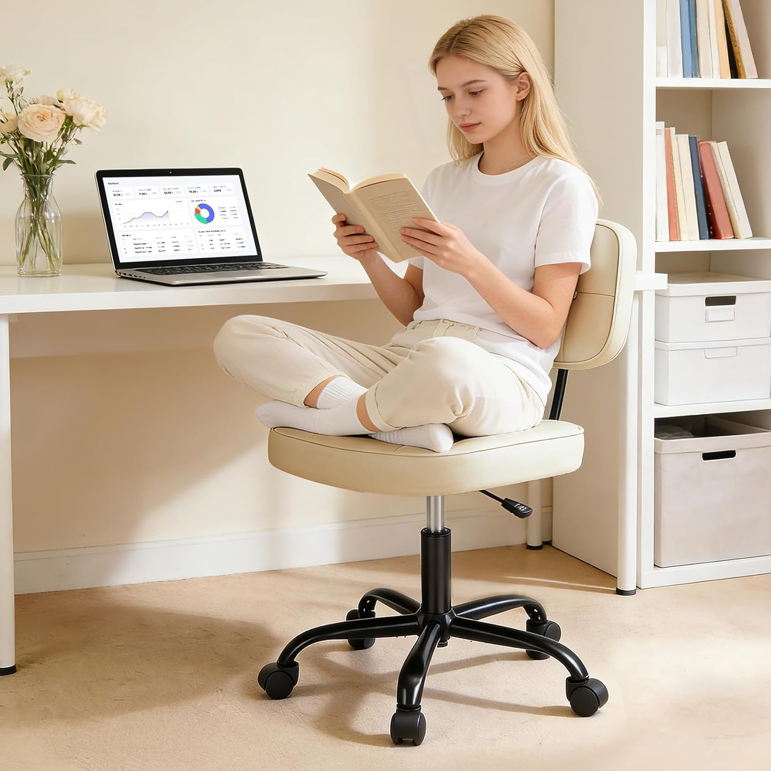 Home Office Desk Chair Ergonomic Armless PU Leather Computer Rolling Task Chair