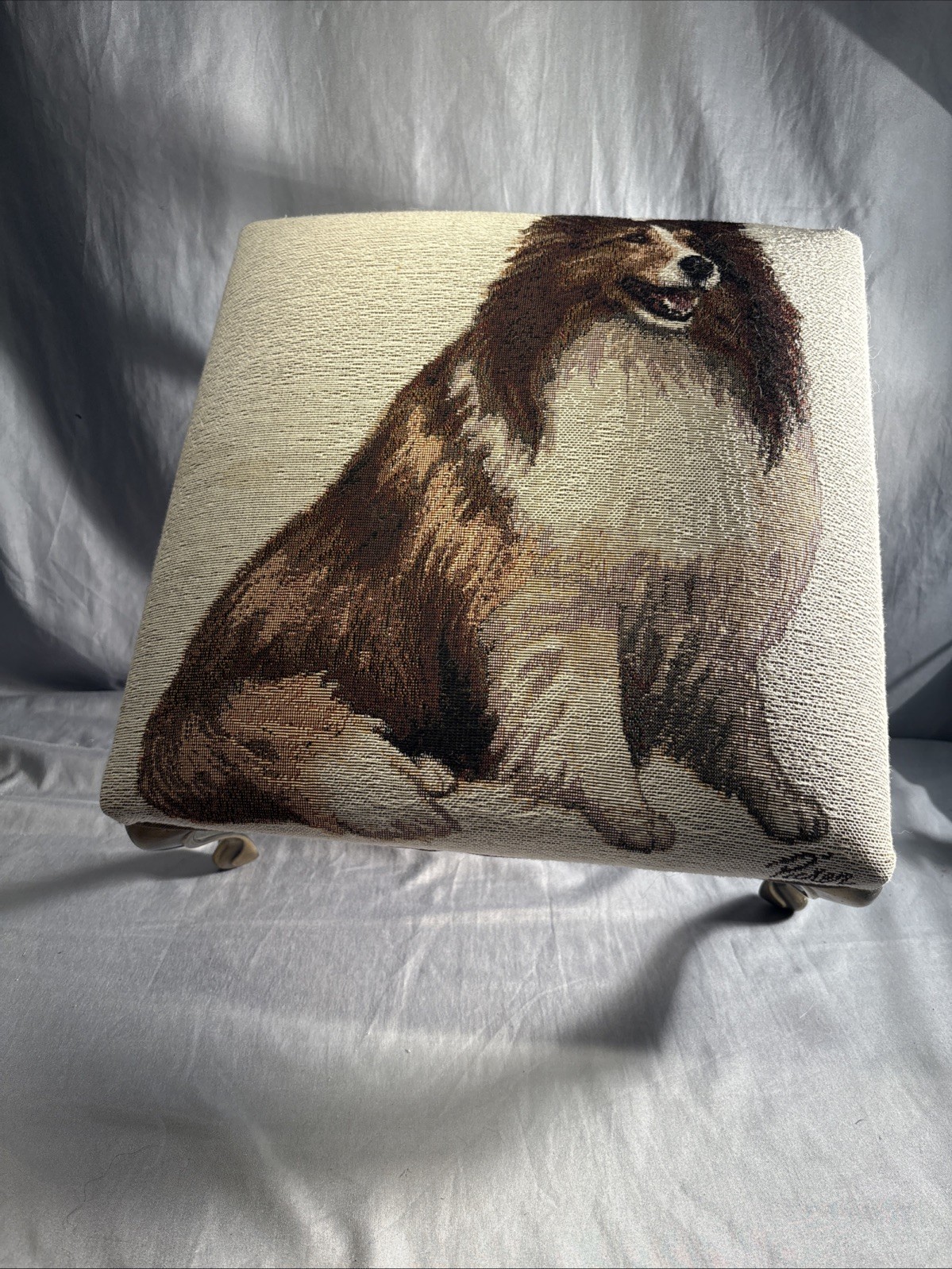 Vtg Black Brown Tan Rough Collie Tapestry Foot Stool Linda Picken 15x15x8”