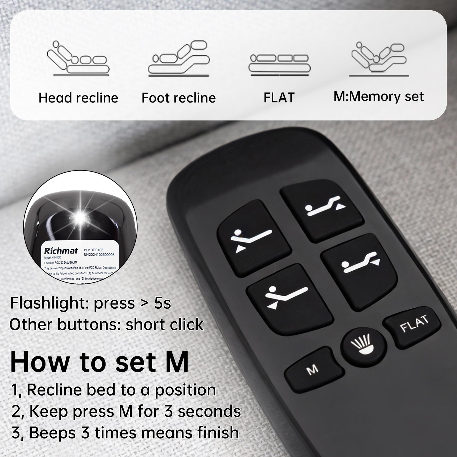 Richmat HJC25 Adjustable Bed Control Box Replacement Wireless Remote 2 Motor