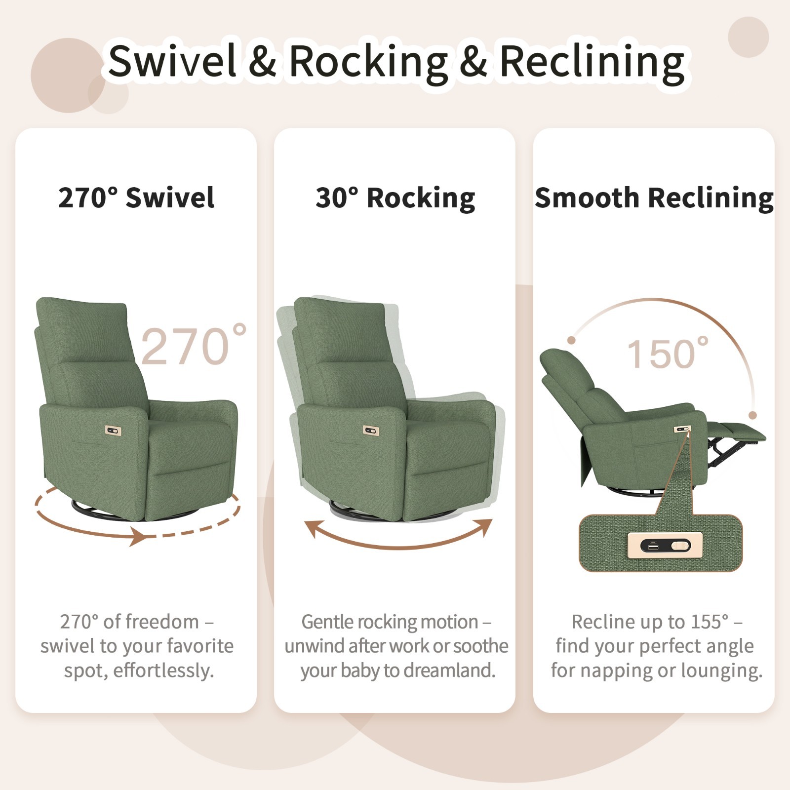 270° Power Swivel Glider Rocker Recliner Chair Nursery Rocking Nursing Chair USB