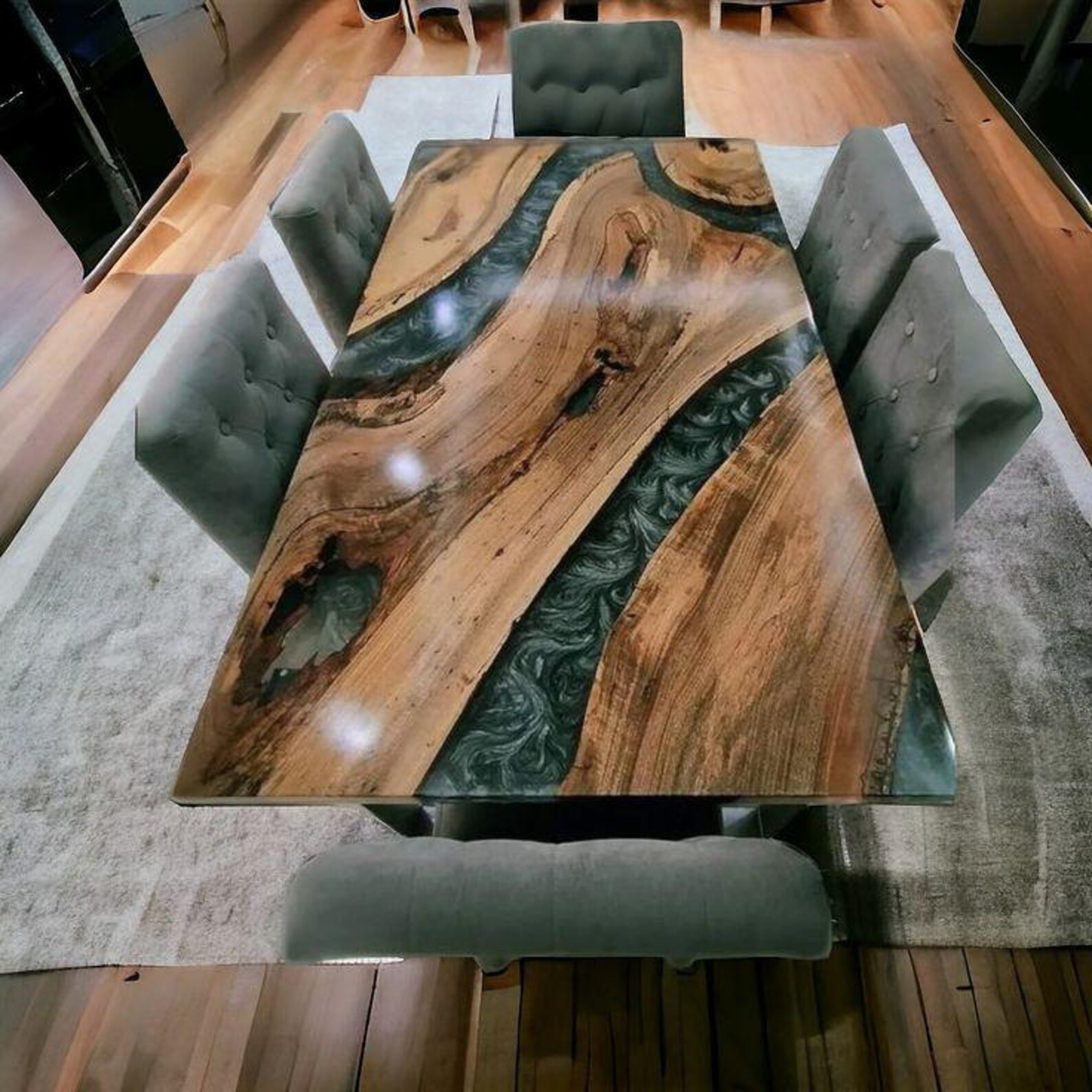 Green Epoxy River Acacia Dining Table Top Live Edge Luxury Resin Wood