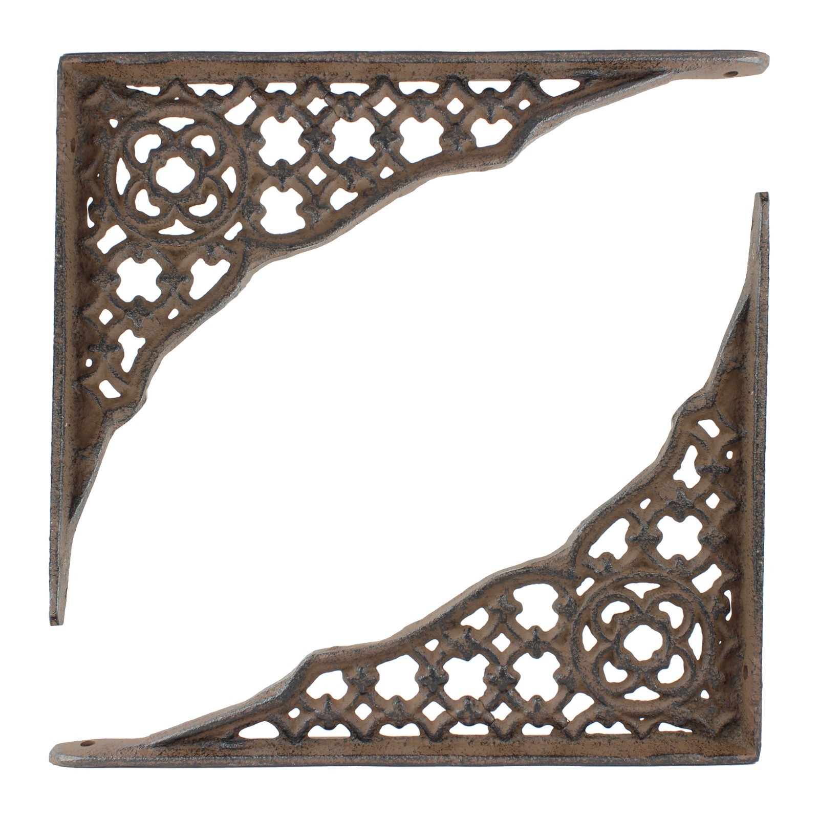 2 Cast Iron Lattice Shelf Brackets Rustic Brown Antique Style 8 1/4 x 6 1/2 inch