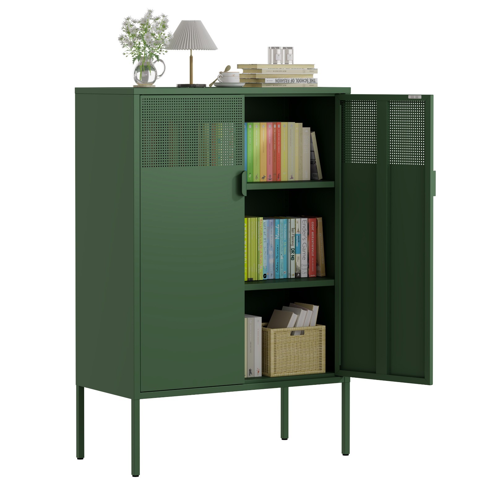 Green Metal Storage Cabinet,2 Door TV Stand, Metal Mesh Accent Cabinet
